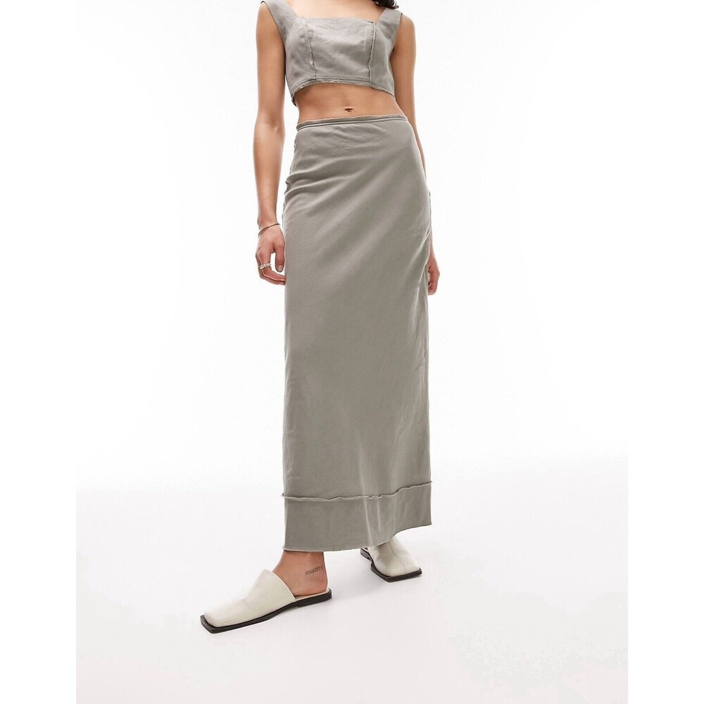 TopShop Olive Green Linen Blend Maxi Skirt Raw Hem Zip Classic Grunge Size 2